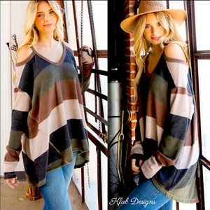 B2 Relaxed🤎Chic cold-shoulder oversized striped